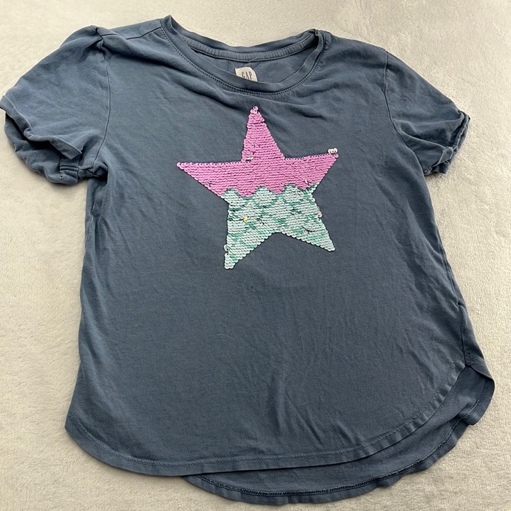Gap Kids M 8-10 Blue Moving Sequins‎ Star Cotton Blend T Shirt